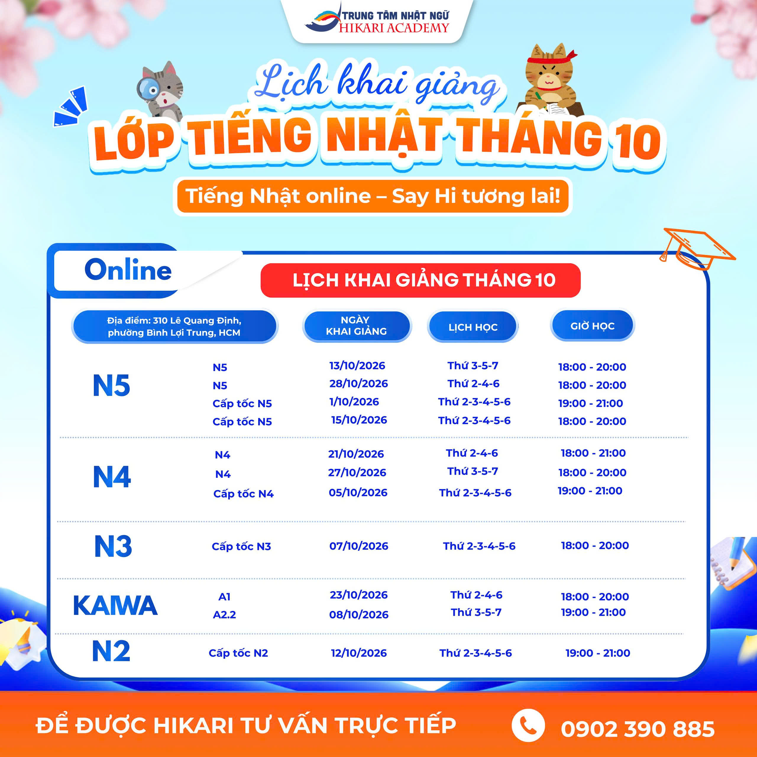 lịch khai giảng tháng 10